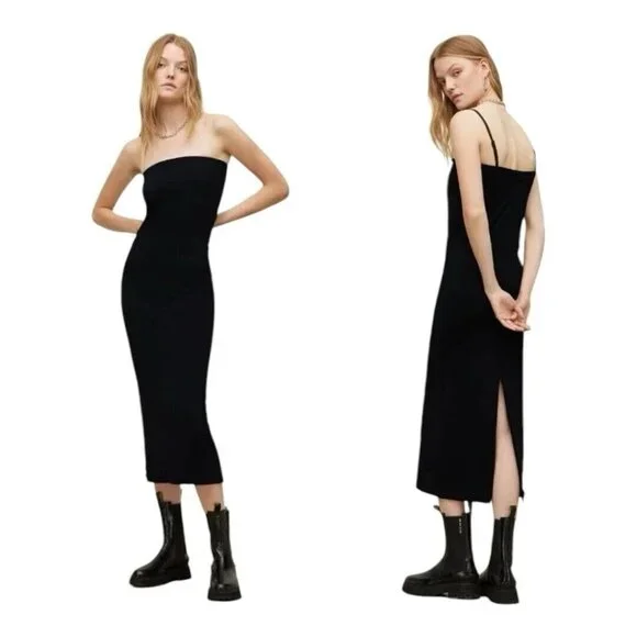Allsaints CHARLIE Black Spaghetti Strap Midi Dress With Back Slit Sz 8 - Picture 3 of 7